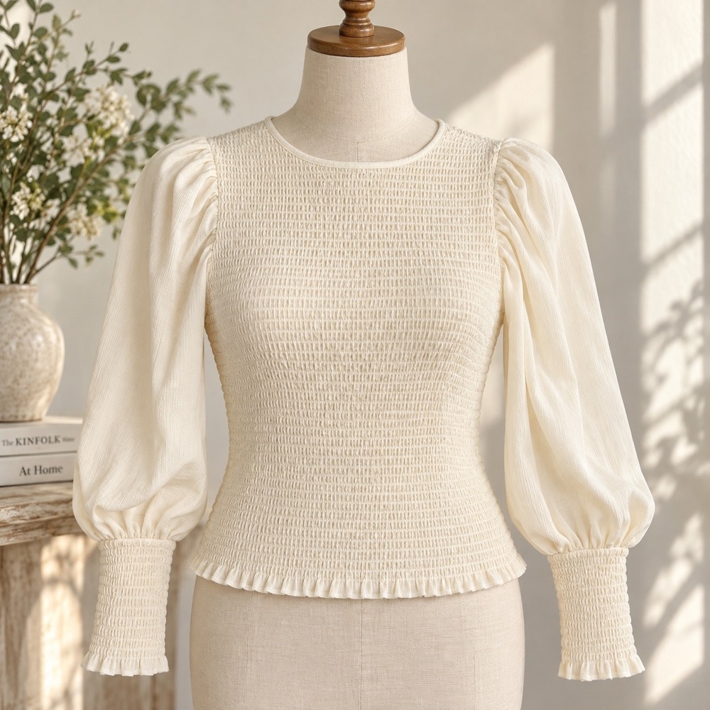 By Anthropologie Ivory Smocked Blouse 1X Balloon Sleeve Coquette Romantic Date